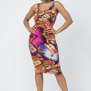 JULIA Love Bodycon Dress 3X Plus Rust Butterfly Print Scuba Fit Summer Midi